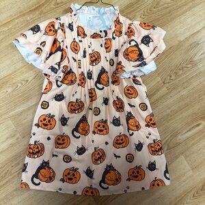NWOT HALLOWEEN BLACK CAT PUMPKIN JACK O LANTERN SHORT SLEEVES RUFFLE PLEATED